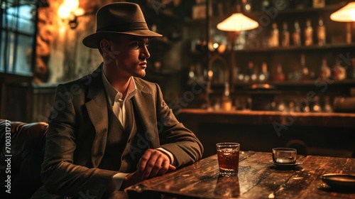 Male model as a 1920s gangster in a speakeasy, intrigue and prohibition era style. photo