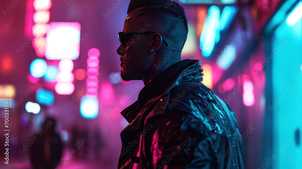 Male model as a cyberpunk vigilante in a neon-lit metropolis, dystopia and rebellion.