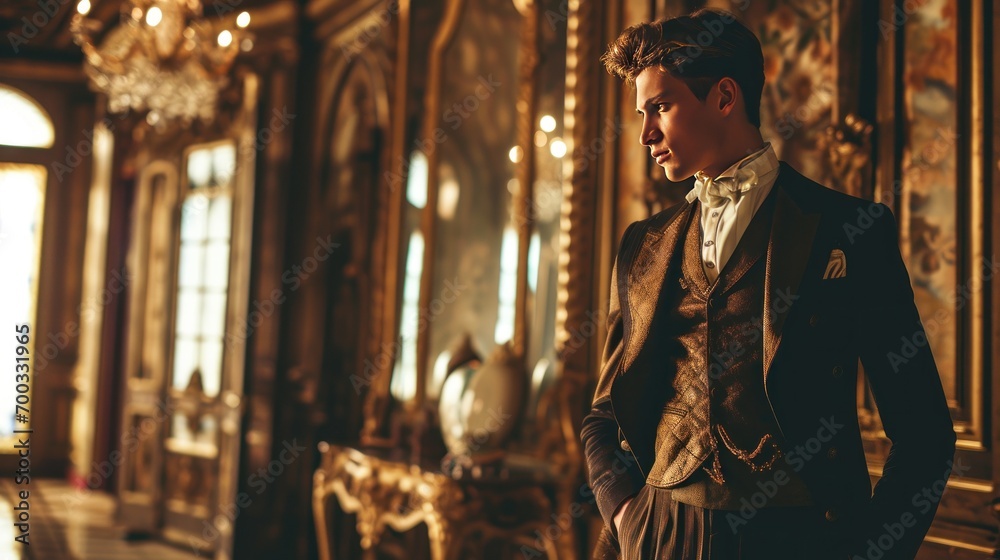 Male model as a Gilded Age industrialist in a lavish mansion, opulence and history. - obrazy, fototapety, plakaty 