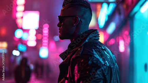 Male model as a cyberpunk vigilante in a neon-lit metropolis, dystopia and rebellion. photo