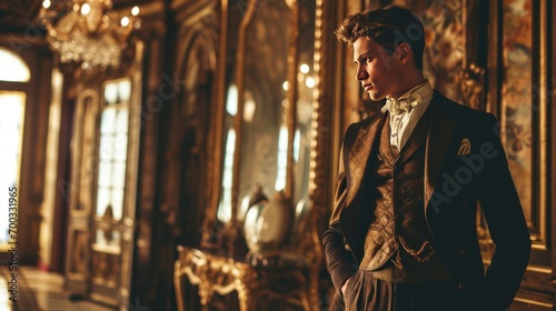Male model as a Gilded Age industrialist in a lavish mansion, opulence and history.