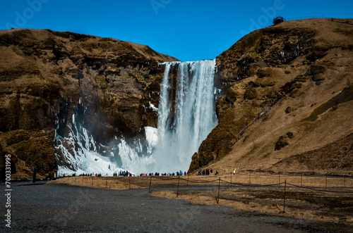 Skogafoss waterfall in Iceland. Icelandic landmarks. 
