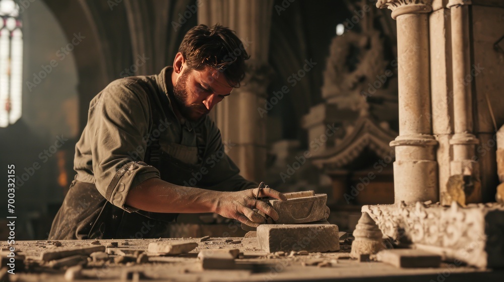 Male model as a medieval stonemason constructing a cathedral, craftsmanship and history. Male model as a medieval stonemason constructing a cathedral, craftsmanship and history.
