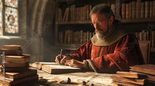 Male model as a medieval scribe in a scriptorium, history and literature.