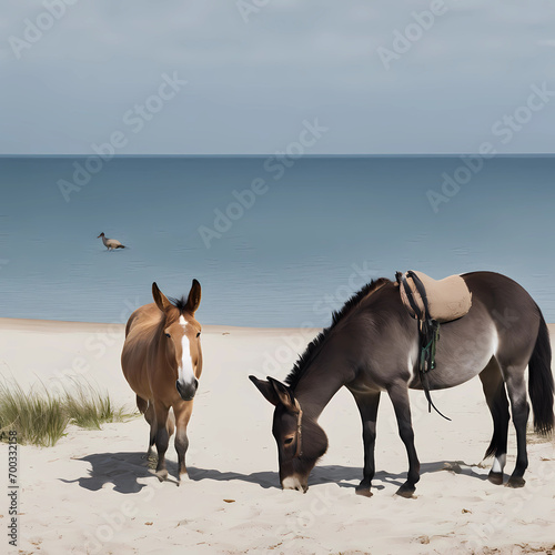 Cavalo e burro na praia photo