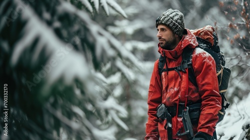 Male model as a mountain rescue operative, bravery and wilderness.