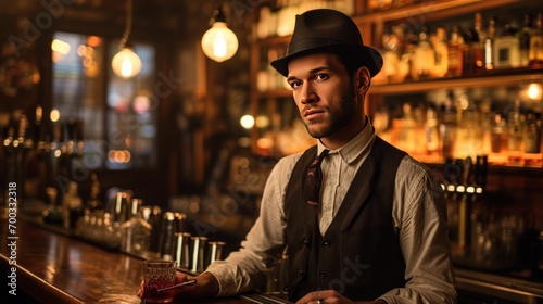 Male model as a Prohibition-era speakeasy bartender, secret nightlife and vintage charm.