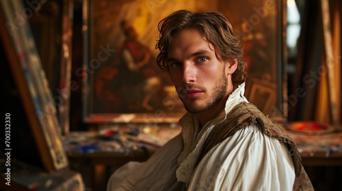 Male model as a Renaissance master painter in his studio, artistry and the golden age.