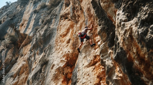 Male model as a rock climber scaling a challenging cliff, determination and nature.