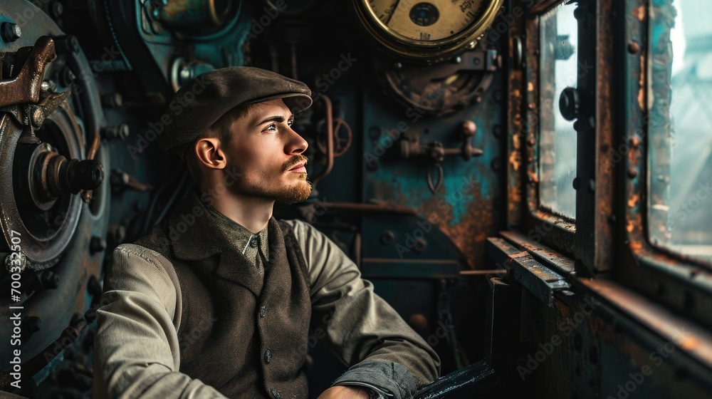 Male model as a vintage railway engineer, nostalgia and industrial heritage.