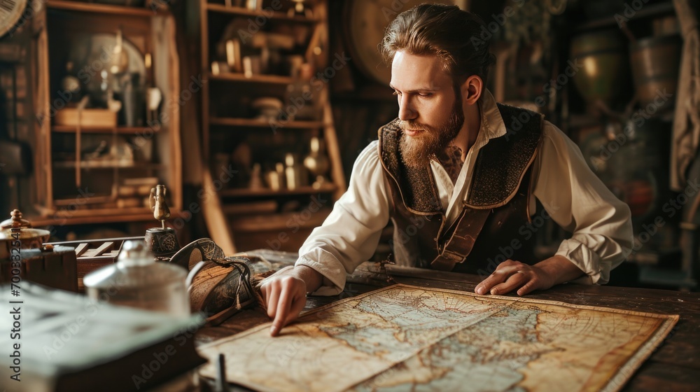 Male model as an antique mapmaker in a historical study, exploration and cartography. - obrazy, fototapety, plakaty 