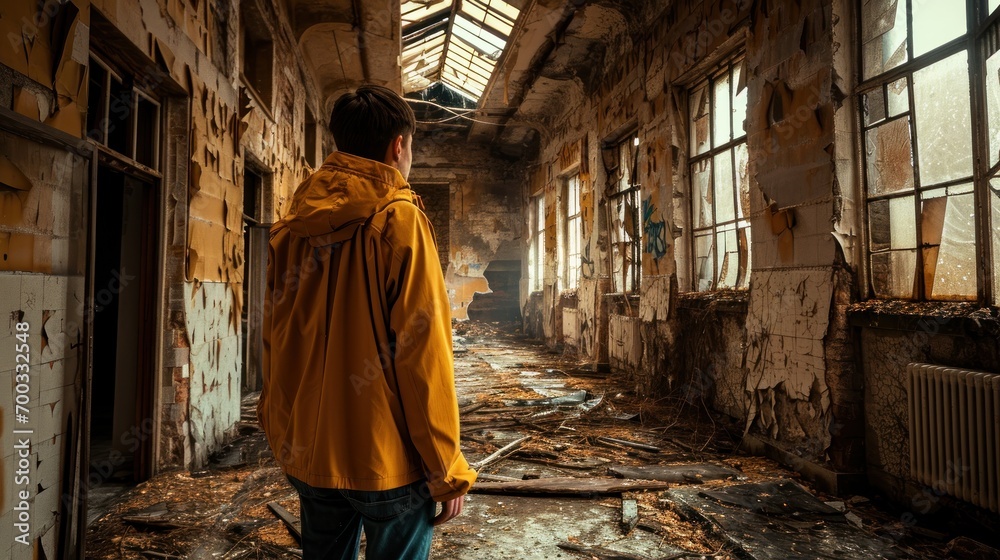 Male model as an urban explorer in abandoned buildings, adventure and mystery.
