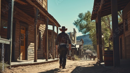 Male model as a Wild West lawman in a frontier town, justice and rugged western spirit.