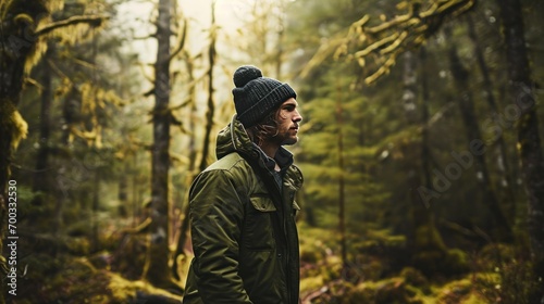 Male model as a wilderness photographer in a remote forest, adventure and photography.