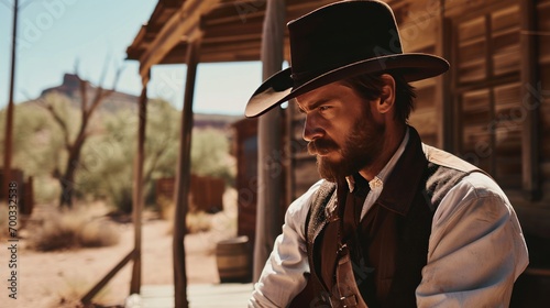Male model as a Wild West sheriff in a frontier town, law and ruggedness.