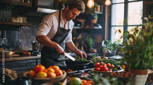 Male model cooking in a modern kitchen, highlighting healthy lifestyle.