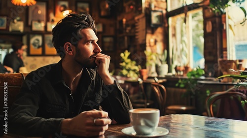 Male model enjoying coffee in a rustic caf, lifestyle and relaxation.