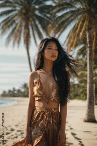 Young Asian girl on the beach of a tropical island with palm trees