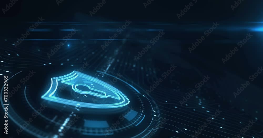 Cyber security computer protection with shield symbol digital abstract 3d concept. Finger touch screen. Technology and network background. Man pushes display.