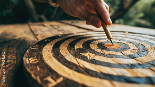 Hand of a man drawing a dart board on a wooden table