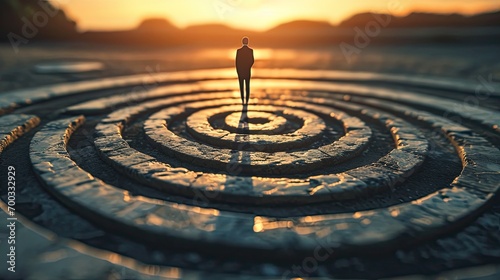 Rear view of a young woman standing on the edge of a round stone labyrinth