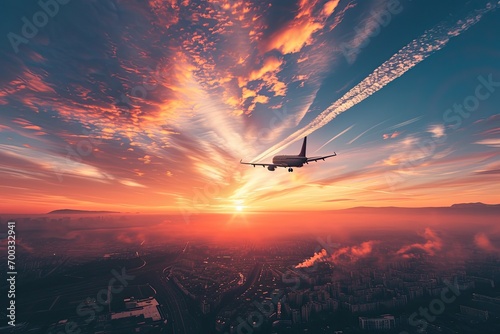 glittering civilian aircraft flying over an urban landscape leaves a trail of condensation and an impression of freedom in the sky during the beginning of a wonderful sunset © Hanjin