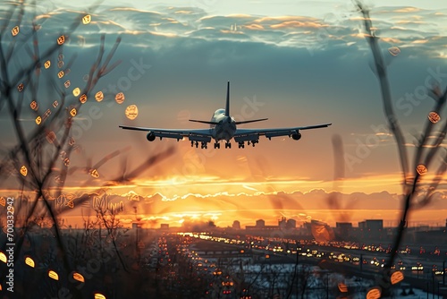 glittering civilian aircraft flying over an urban landscape leaves a trail of condensation and an impression of freedom in the sky during the beginning of a wonderful sunset