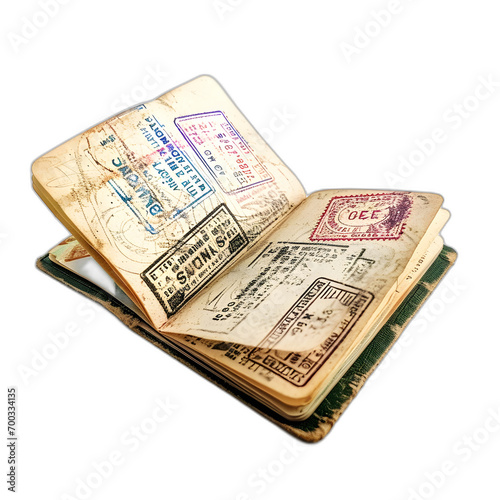Passport with stamps isolated on transparent or white background, png
