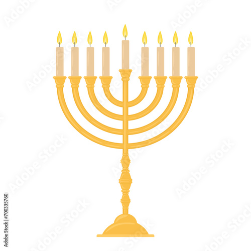 Golden Hanukkah menorah with nine-branched candelabrum and  burning candles isolated on white background. Cartoon style illustration of Hanukkah candles. Jewish festival. Flat vector illustration