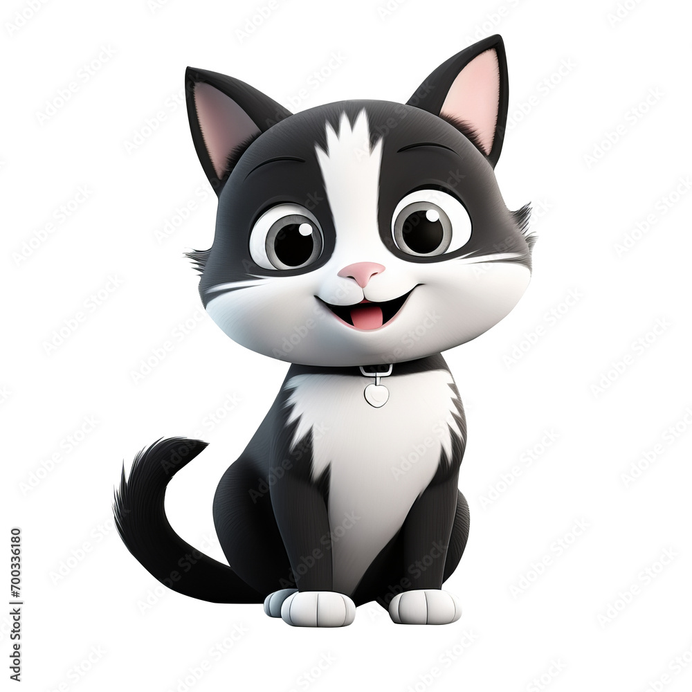3D cute funny black and white cat. Character cartoon on isolated transparent png background 3D cute funny black and white cat. Character cartoon on isolated transparent png background