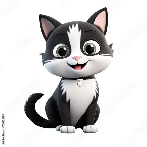 3D cute funny black and white cat. Character cartoon on isolated transparent png background