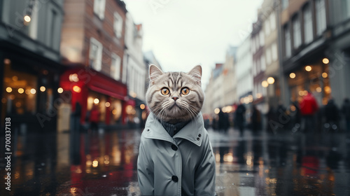 A striped cat with wide eyes wears a gray trench coat in a wet city street with blurry lights and walking people reflected on the shiny pavement photo