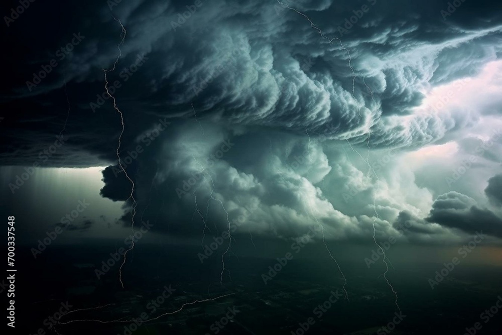 Dark clouds, heavy rain, thunderstorm, forecast of tornado, hurricane or thunderstorm. Generative AI - obrazy, fototapety, plakaty 