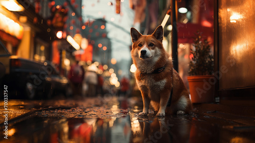 An alert shiba sits on a reflective wet street at dusk with the warm glow of street lights and a vibrant city atmosphere around it