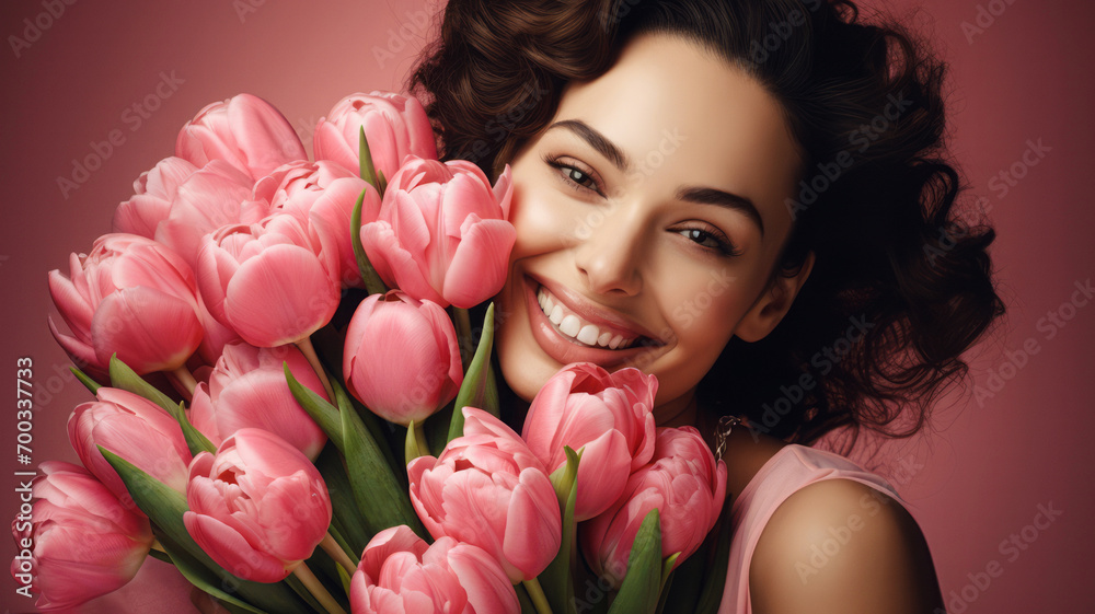 
A romantic love portrait of a young and beautiful girl holding flowers she received from her boyfriend. The concept for Valentine's Day emphasizes the beauty of emotions and connection.