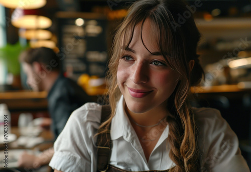 a young female waitress smiling at her customers in a cafe photo