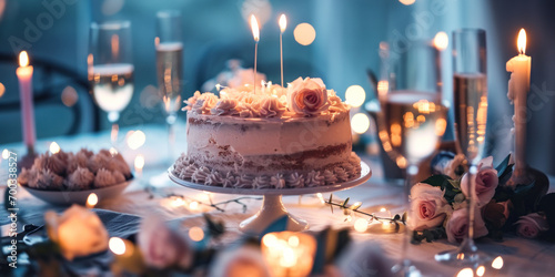 an elegant pink birthday cake with champagne and wedding cake © olegganko