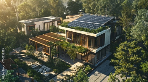 an architectural render showing a house with solar panels © olegganko