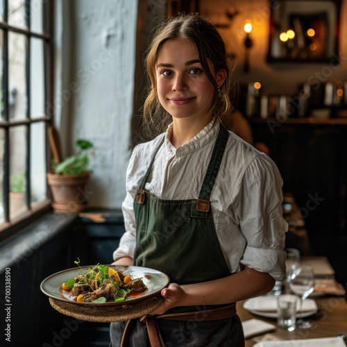 a young waitress holds a plate full of food as she carries patrons to their table