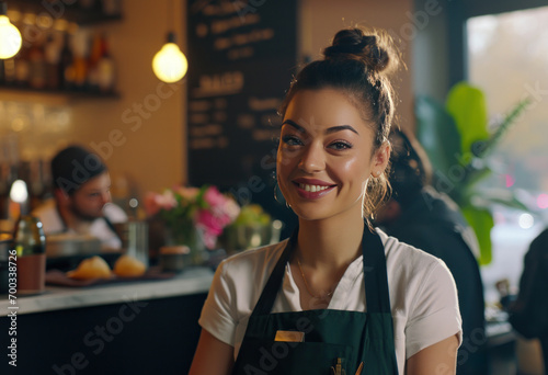 a young female waitress smiling at her customers in a cafe