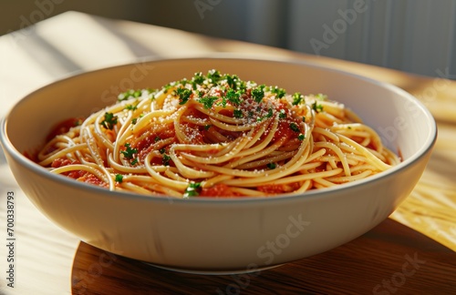 an empty white bowl containing spaghetti smothered in sauce and herbs