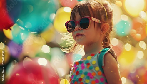 an innocent little girl wearing sunglasses and a balloon