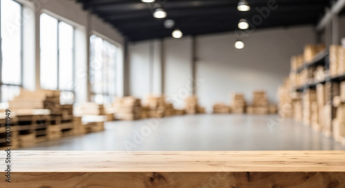 empty and clean wooden table with blurry warehouse