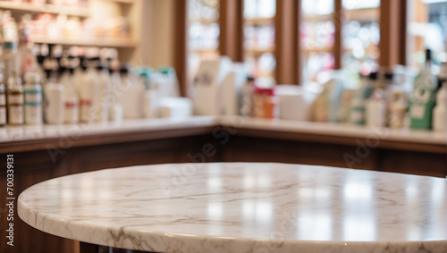 empty and clean marble table with blurry drugstore