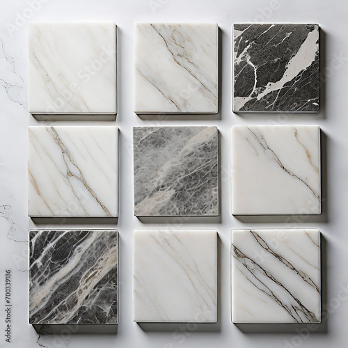 Set of marble tiles isolated on white background. Marble texture with natural pattern photo
