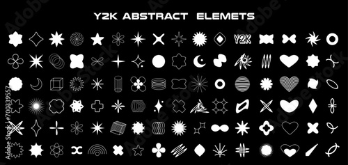 Abstract rave psychedelic set in trendy y2k style. White retro futuristic isolated shapes. Vector illustration for social networks or posters on black background.