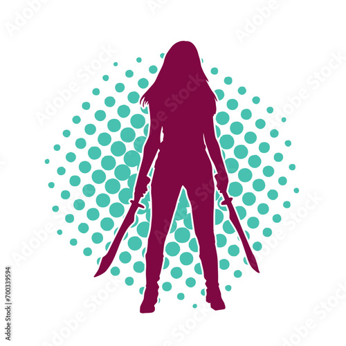 Silhouette of a female warrior in action pose with her sword weapon. Silhouette of a woman fighter in action pose with sharp blade weapon.