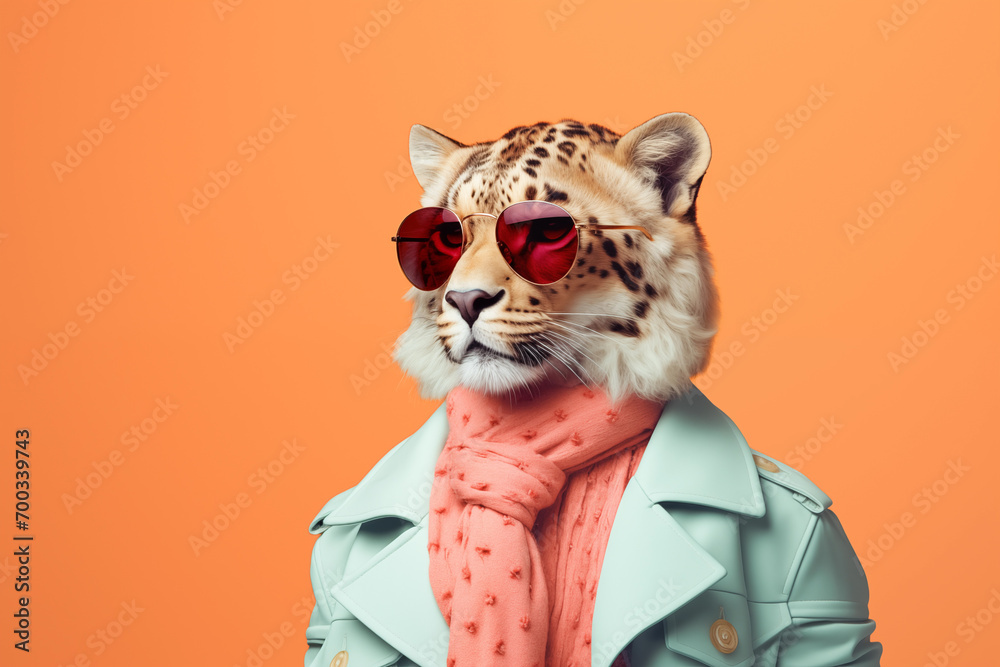 A Stylish Fashionable Chita Wearing a Coat, Scarf and Sunglasses. Modern Creative animal concept banner. Isolated on the pastel orange background. - obrazy, fototapety, plakaty 
