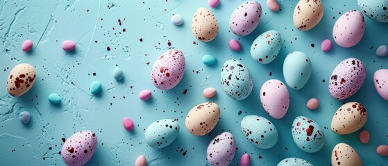 colorful easter eggs laid out around a blue background