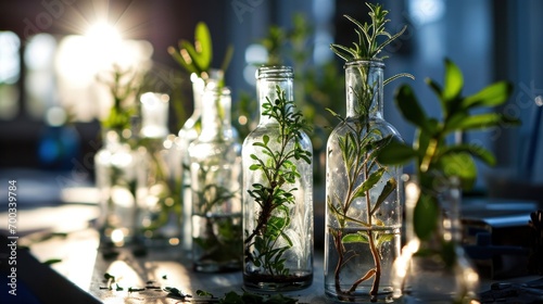 botanical research plant sample in glass flasks in laboratory with sunlight